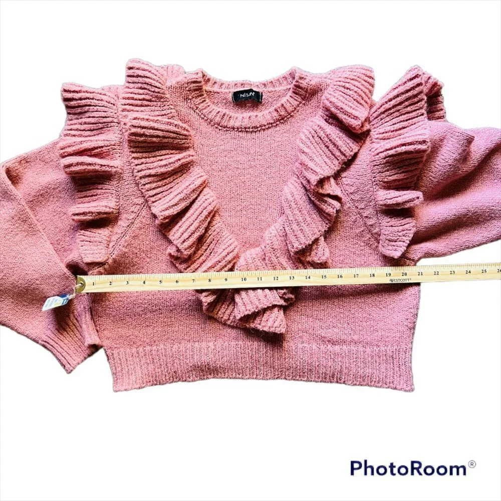 Pink Ruffle Crop Knit Sweater Women’s Size XL Cottagecore - Picture 10 of 12